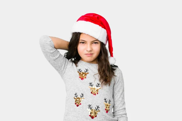 Little Girl Celebrating Christmas Day Suffering Neck Pain Due Sedentary — Stock Photo, Image