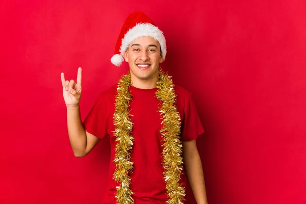 Jovem Dia Natal Mostrando Gesto Chifres Como Conceito Revolução — Fotografia de Stock