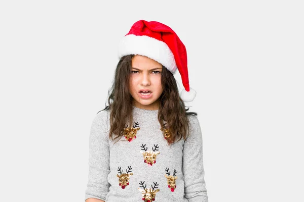 Little Girl Celebrating Christmas Day Screaming Very Angry Aggressive — ストック写真