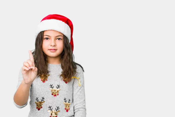 Little Girl Celebrating Christmas Day Showing Number One Finger — ストック写真