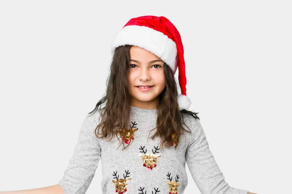 Little Girl Celebrating Christmas Day Showing Welcome Expression — Stock Photo, Image