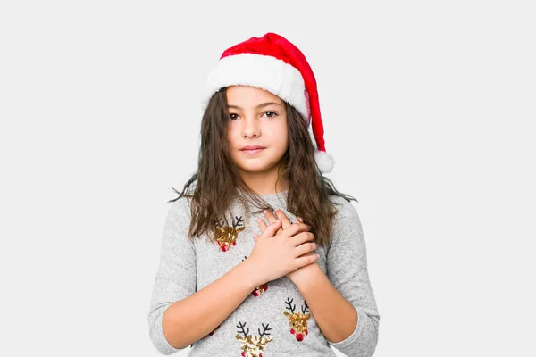 Little Girl Celebrating Christmas Day Has Friendly Expression Pressing Palm — Stock Photo, Image