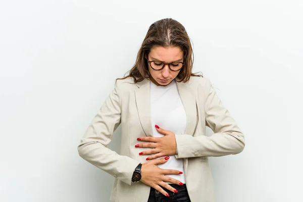 Junge Europäische Geschäftsfrau Krank Unter Bauchschmerzen Schmerzhaftem Krankheitskonzept — Stockfoto