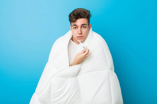 Teenager Caucasian Tired Man Covering Himself Blanket Measuring His Body — Stock Photo, Image