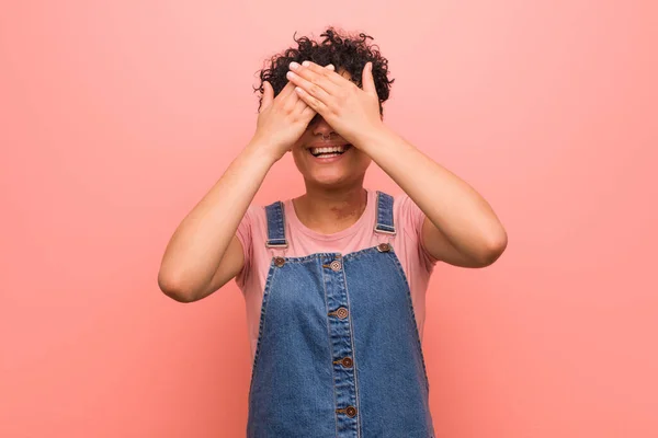 Young Mixed African American Teenager Woman Covers Eyes Hands Smiles — Stok fotoğraf