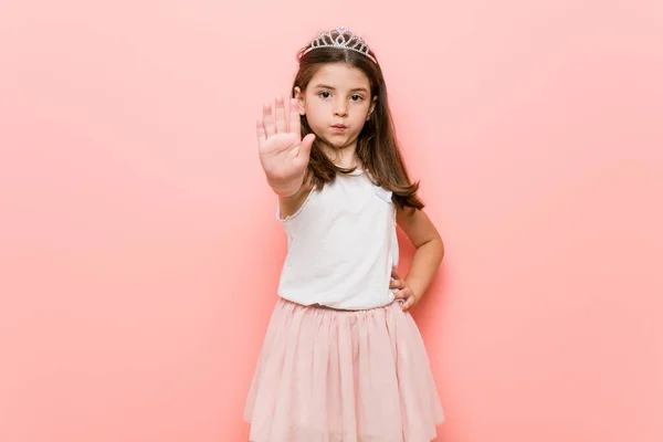 Little Girl Wearing Princess Look Standing Outstretched Hand Showing Stop — 스톡 사진