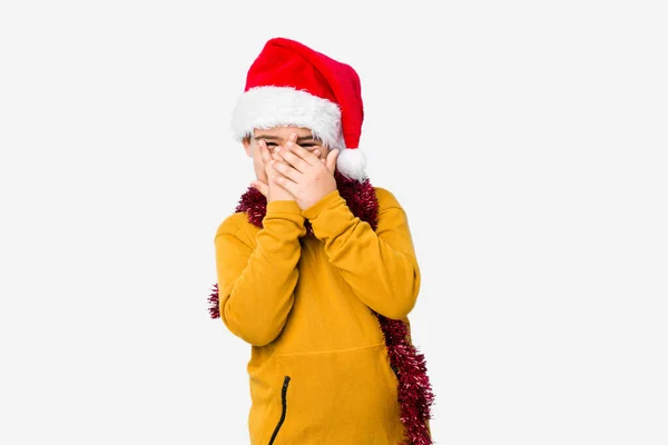 Niño Pequeño Celebrando Día Navidad Con Sombrero Santa Aislado Parpadear — Foto de Stock