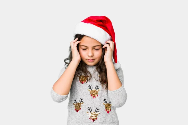 Niña Celebrando Día Navidad Tocando Templos Teniendo Dolor Cabeza — Foto de Stock