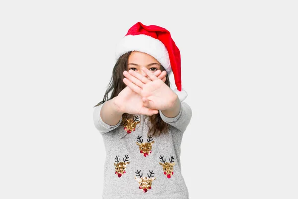 Liten Flicka Firar Jul Dag Gör Förnekelse Gest — Stockfoto