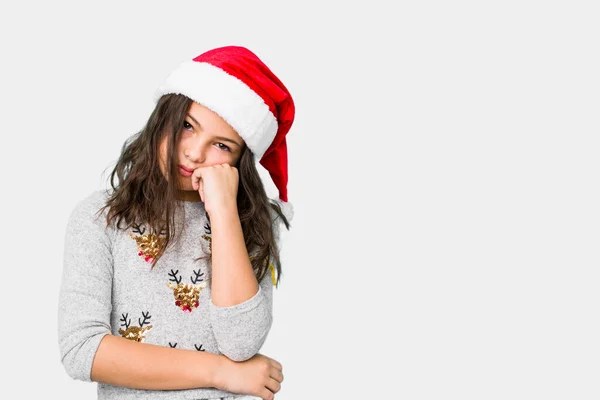 Little Girl Celebrating Christmas Day Who Feels Sad Pensive Looking — Stock Photo, Image