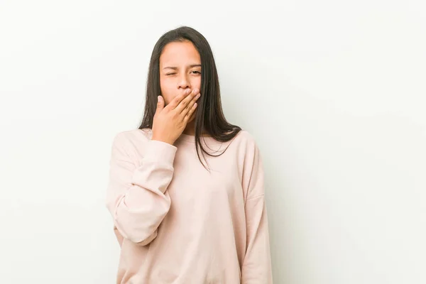 Young Cute Hispanic Teenager Woman Yawning Showing Tired Gesture Covering — 图库照片