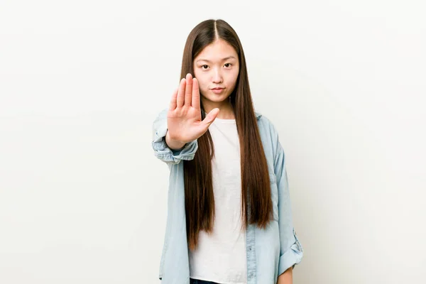 Young Asian Woman Standing Outstretched Hand Showing Stop Sign Preventing — Stock Photo, Image