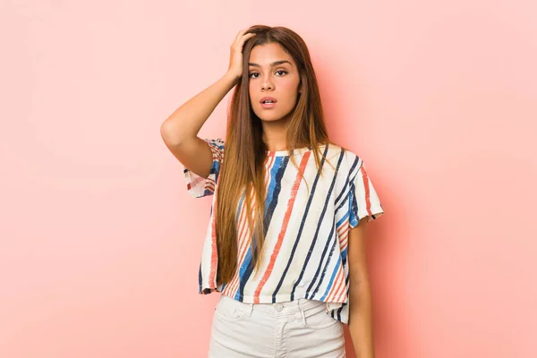 Young Slim Woman Tired Very Sleepy Keeping Hand Head — Stock Photo, Image