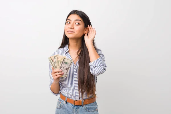 Young Arab Woman Holding Dollars Trying Listening Gossip — Stock Photo, Image