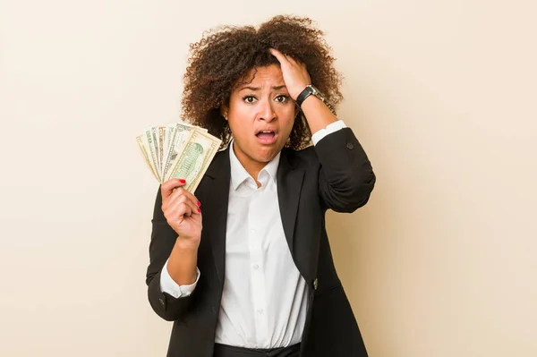 Young African American Woman Holding Dollars Being Shocked She Has — Stock Photo, Image