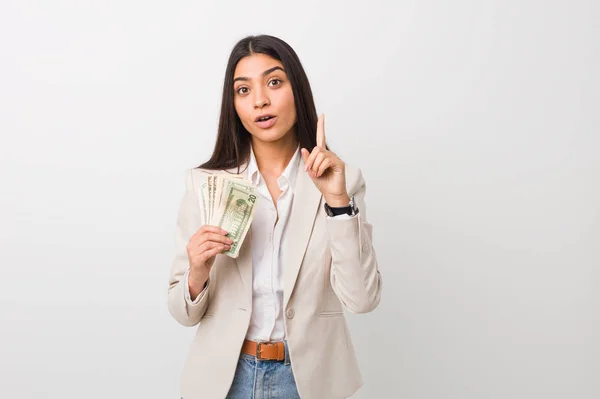 Young Arab Business Woman Holding Dollars Having Some Great Idea — Stock Photo, Image