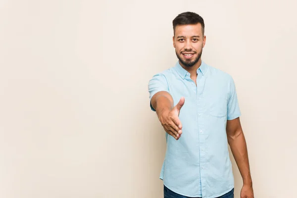 Young South Asian Man Stretching Hand Camera Greeting Gesture — Stock Photo, Image