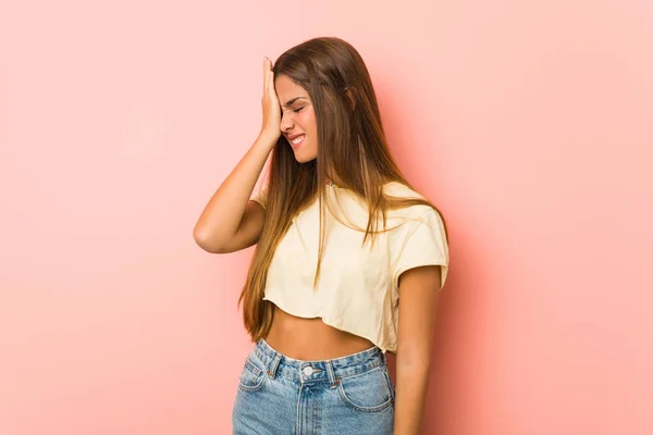 Young Slim Woman Forgetting Something Slapping Forehead Palm Closing Eyes — Stock Photo, Image