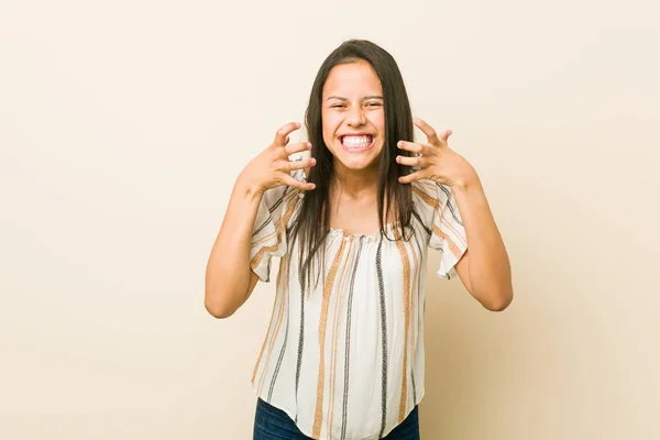 Young Hispanic Woman Upset Screaming Tense Hands — Stock Photo, Image