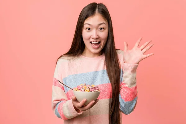 Young Asian Woman Cereal Bowl Celebrating Victory Success — 스톡 사진