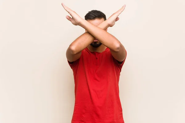Young South Asian Man Keeping Two Arms Crossed Denial Concept — Stock Photo, Image
