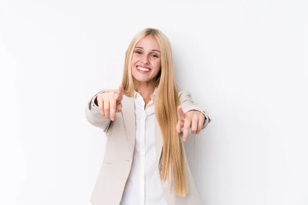 Young Business Blonde Woman White Background Cheerful Smiles Pointing Front — Stock Photo, Image