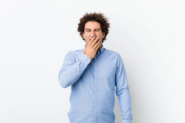 Young Curly Mature Man Wearing Elegant Shirt Yawning Showing Tired — ストック写真