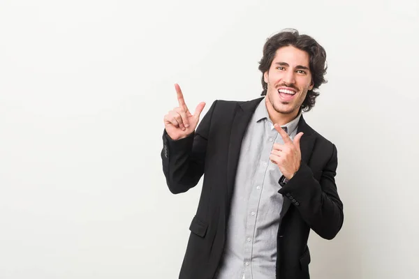 Young Business Man White Background Pointing Forefingers Copy Space Expressing — Stockfoto