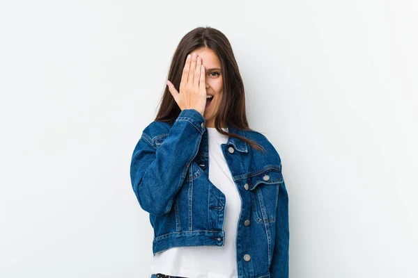 Young Cute Woman Having Fun Covering Half Face Palm — Stock Photo, Image