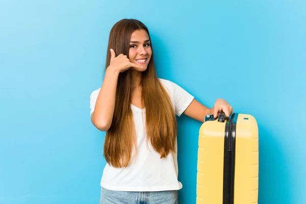 Young Caucasian Woman Holding Travel Suitcase Showing Mobile Phone Call — Stock Photo, Image