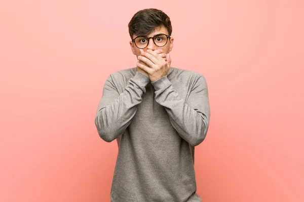 Young Smart Student Man Shocked Covering Mouth Hands — Stock Photo, Image