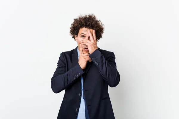 Young Business Curly Man White Background Blink Fingers Frightened Nervous — ストック写真