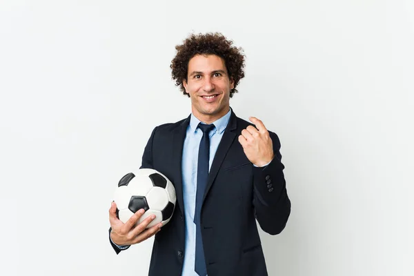 Allenatore Calcio Che Tiene Pallone Puntato Con Dito Contro Come — Foto Stock