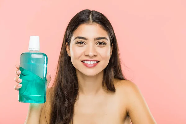 Young Indian Woman Holding Mouthwash Bottle Happy Smiling Cheerful — Stock Photo, Image