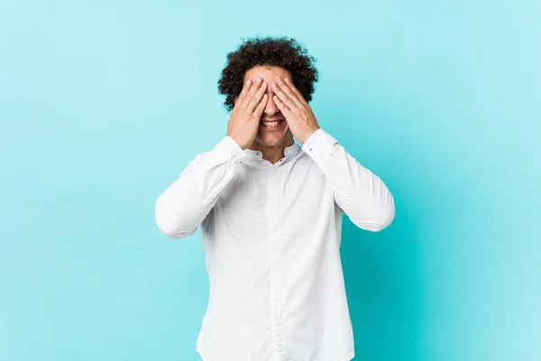Young Curly Mature Man Wearing Elegant Shirt Covers Eyes Hands — ストック写真