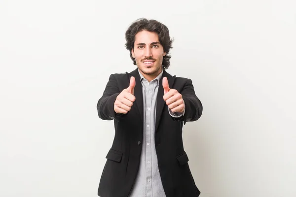 Young Business Man White Background Thumbs Ups Cheers Something Support — Stockfoto