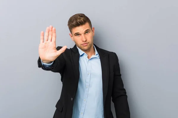 Young Handsome Caucasian Man Standing Outstretched Hand Showing Stop Sign — Stock Photo, Image