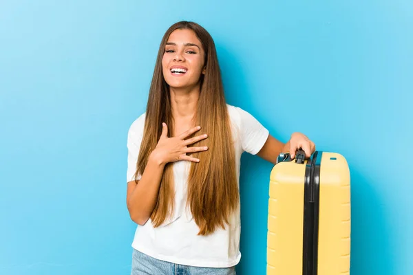 Young Caucasian Woman Holding Travel Suitcase Laughs Out Loudly Keeping — 스톡 사진