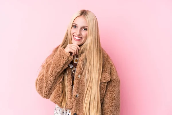 Young Blonde Woman Wearing Coat Pink Background Smiling Happy Confident — Stock Photo, Image