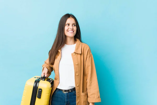 Young Caucasian Woman Holding Suitcase Smiling Confident Crossed Arms — Stock Photo, Image