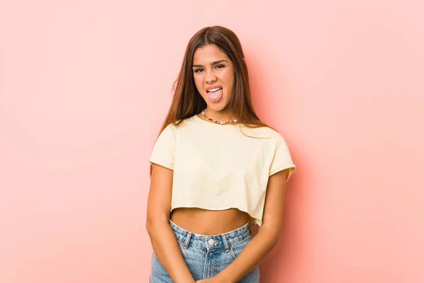 Young Slim Woman Funny Friendly Sticking Out Tongue — Stockfoto
