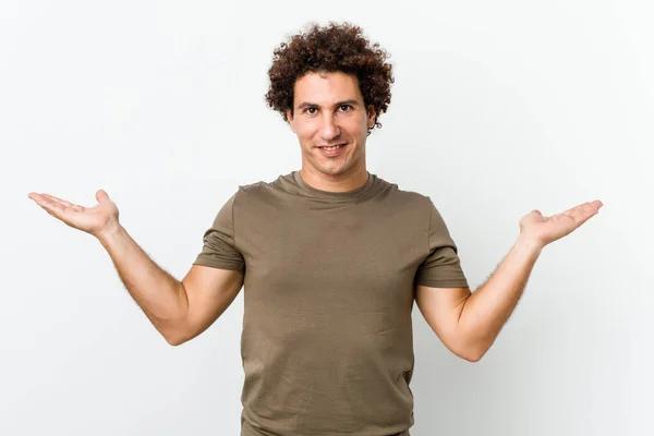 Mature Handsome Man Isolated Makes Scale Arms Feels Happy Confident — Stock Photo, Image