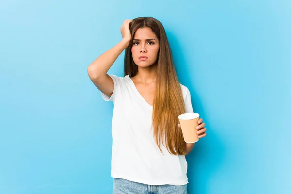 Young Pretty Caucasian Woman Holding Takeaway Coffee Being Shocked She — ストック写真