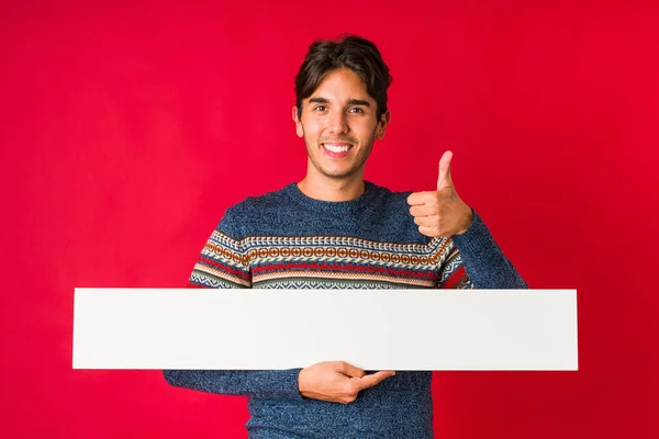 Junger Mann Mit Einem Plakat Das Lächelt Und Den Daumen — Stockfoto