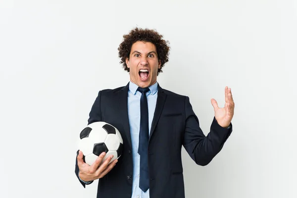Allenatore Calcio Che Tiene Ballo Che Celebra Una Vittoria Successo — Foto Stock