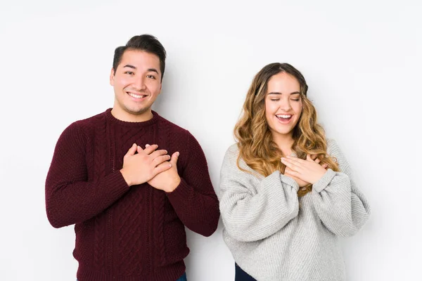 Young Couple Posing White Background Laughing Keeping Hands Heart Concept — 스톡 사진