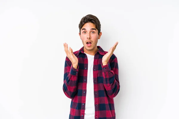 Young Caucasian Man Posing Pink Background Isolated Surprised Shocked — Stock Photo, Image