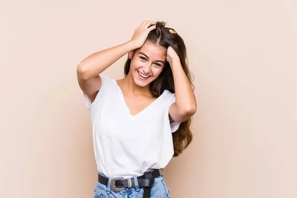 Young Caucasian Woman Posing Isolated Laughs Joyfully Keeping Hands Head — Stock Photo, Image
