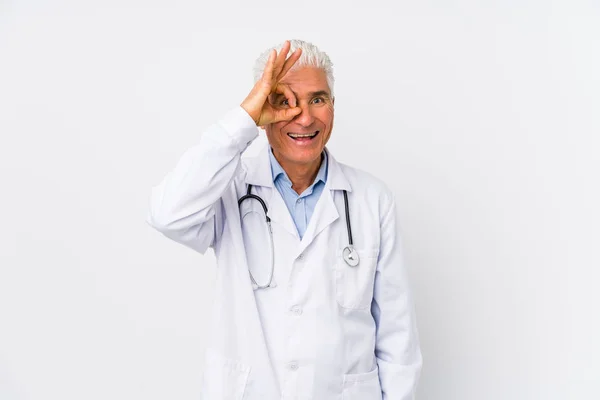 Mature Caucasian Doctor Man Excited Keeping Gesture Eye — Stock Photo, Image