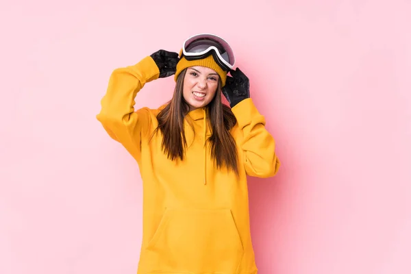 Young Caucasian Woman Wearing Ski Clothes Isolated Covering Ears Hands — 스톡 사진